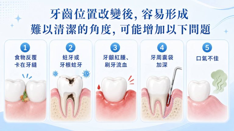 缺牙後牙齒移位形成清潔死角,可能增加塞牙、蛀牙、牙齦流血、牙周囊袋與口臭風險