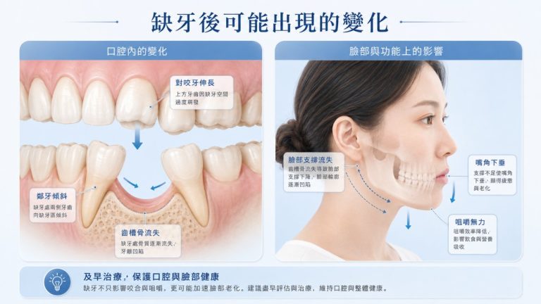 缺牙後鄰牙傾斜、對咬牙伸長、齒槽骨流失與臉部支撐下降示意圖