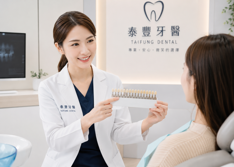 泰豐牙醫師使用牙齒比色卡為患者進行牙齒美白術前評估