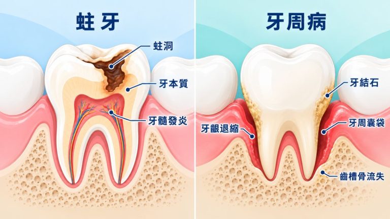 牙周病與蛀牙差別示意圖,左側呈現蛀牙深入牙齒組織,右側呈現牙周炎造成牙齦及齒槽骨受損。